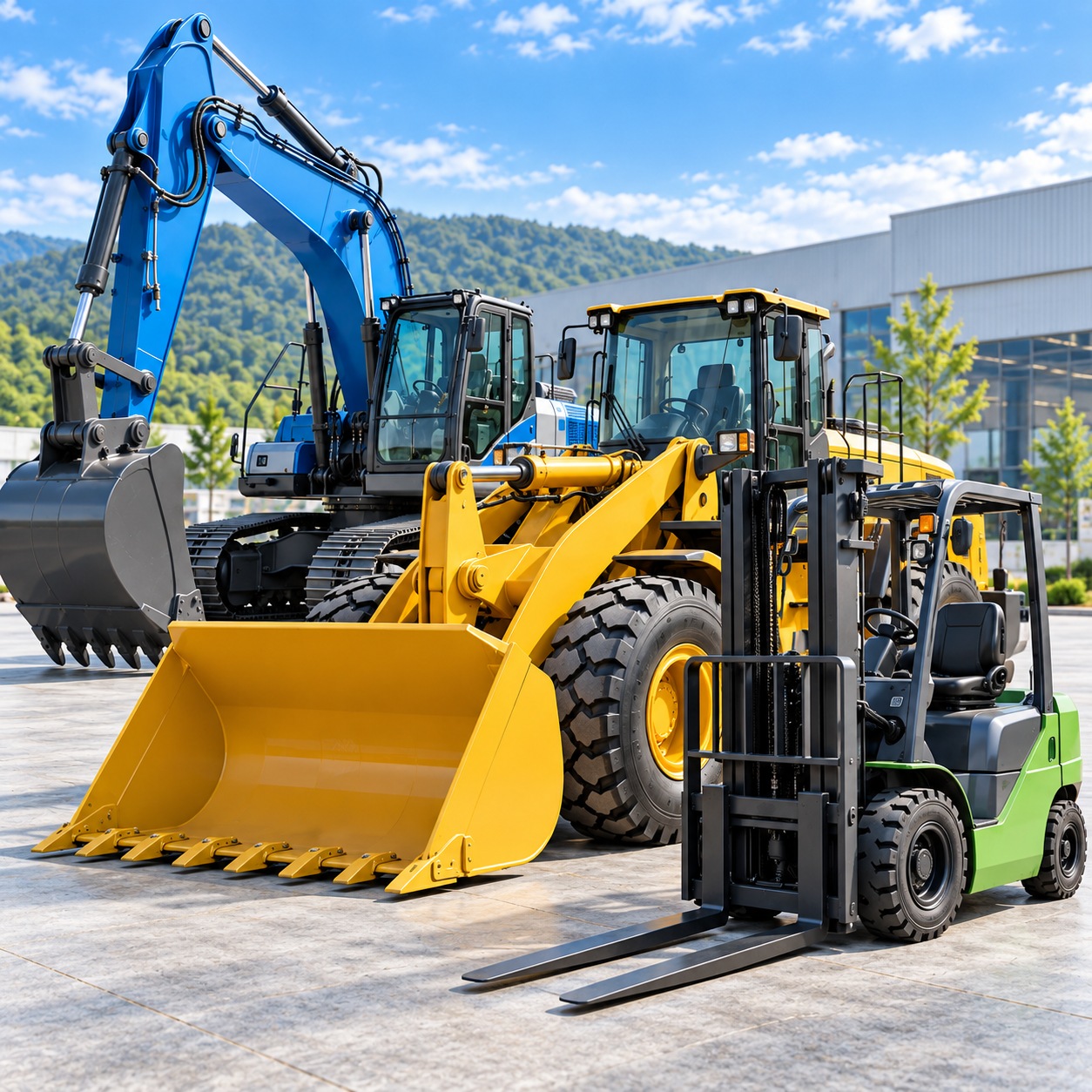 Blue excavator, yellow wheel loader and green forklift